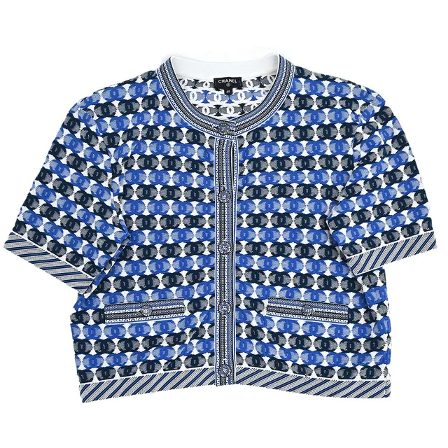 Chanel 2018-2019 Short Sleeve Knit CC Cardigan Blue #40 in Blue from AMORE Vintage Tokyo