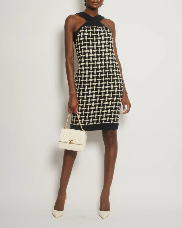 Chanel 09P Black, White Check Halter-Neck Detail Sleeveless Tweed Dress Size FR 36 (UK 8) in Black Tweed from Sellier