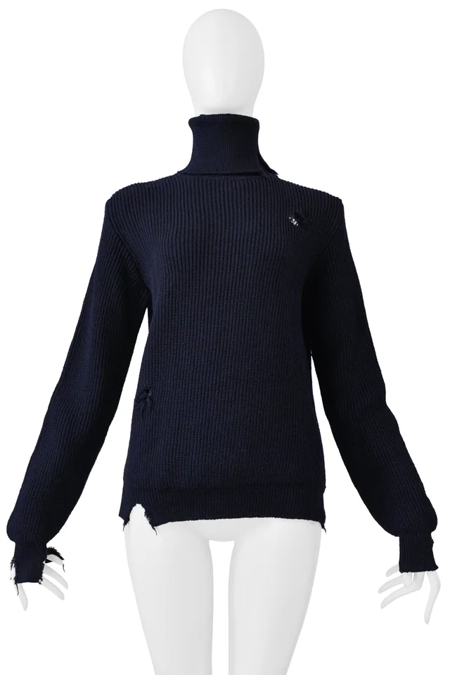 Maison Margiela Navy Blue Distressed High Neck Pullover Sweater 2000 in Navy Wool from Resurrection Vintage