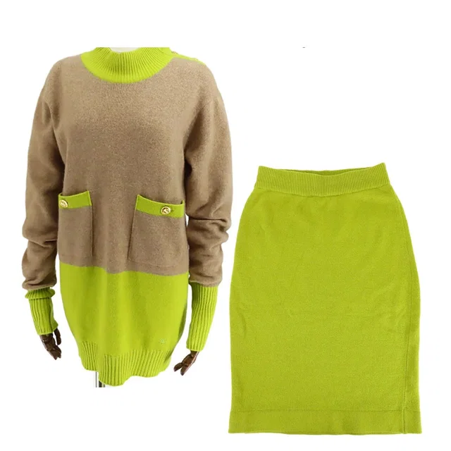 Chanel Knit Skirt Set Dark Beige Light Green Cashmere Dress Pencil Clover in Beige Cashmere from The Reluxe