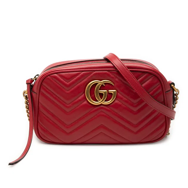 Red Gucci Small GG Marmont Matelasse Leather Crossbody in Red Leather from Designer Revival