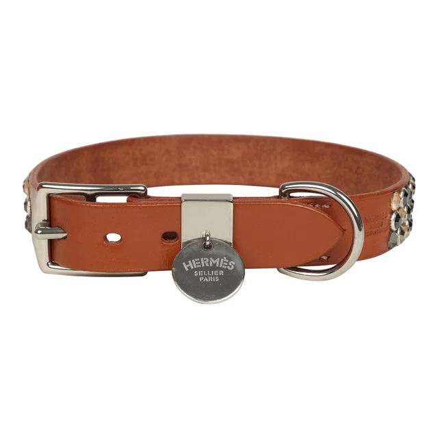 Custom Multicolored Swarovski Crystal Hermes Etriviere III Dog Collar M/L Dark Irish Vache… in Silver Leather from Madison Avenue Couture
