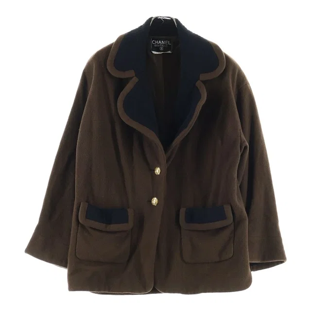 Chanel 90S Vintage Wool Half Coat CC Logo Gold Button Brown in Brown Wool from The Reluxe