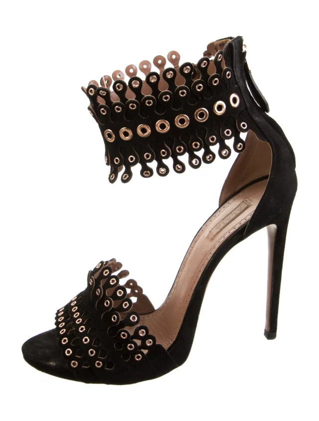 Alaïa Suede Eyelet Trim Sandals in black Suede from The RealReal