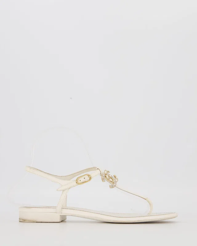 Chanel White Flat Thong Sandals With Embellished CC Logo Strap Size EU 37C in White from Sellier