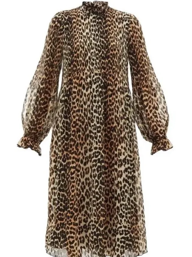 GANNI Leopard-Print Long Sleeve Midi Dress In Brown & Cream in black|brown|red from Poshmark