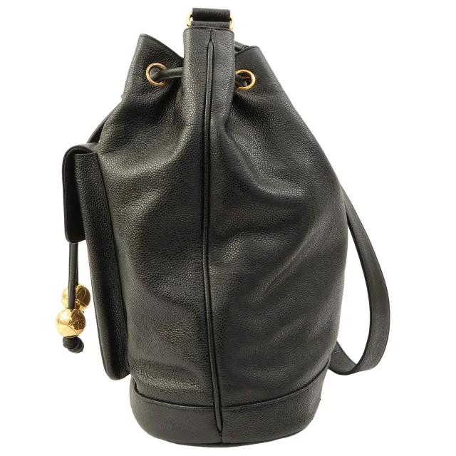 Chanel Circa 1995 Caviar Skin 6CC Turnlock Plate Pouch Drawstring Shoulder Bag Black in Black Caviar leather from VINTAGE QOO TOKYO, photo 4 of 14