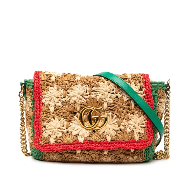 Beige Gucci Small GG Marmont Raffia Crossbody in Beige Raffia from Designer Revival