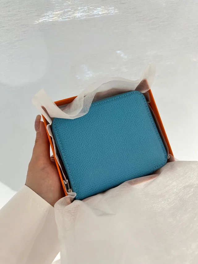 Hermès Blue Prume+Menthe Epsom Silk In Compact Wallet in Blue Epsom leather from Luxury Promise
