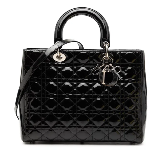 Black Dior Large Patent Cannage Lady Dior Satchel in Black Patent leather from Designer Revival