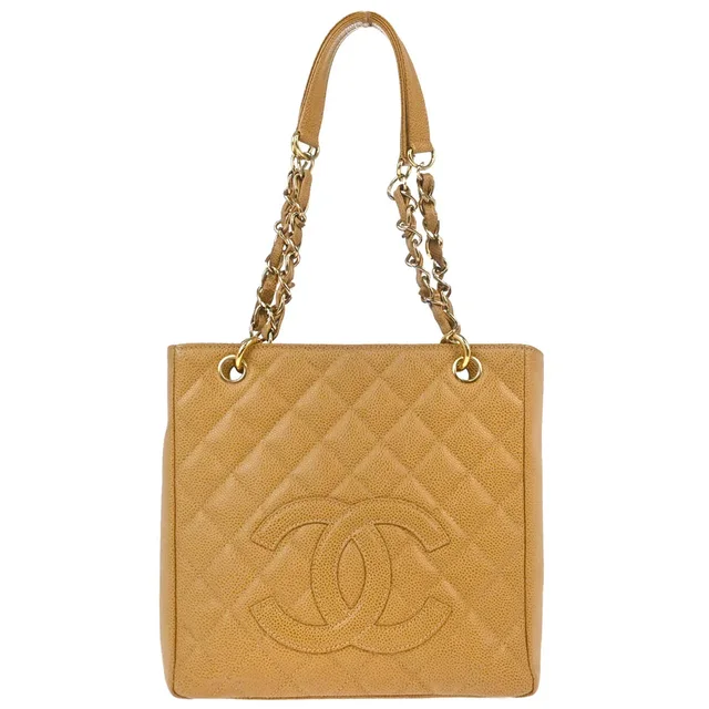 Chanel 2003-2004 Beige Caviar Petite Shopping Tote PST Chain Handbag in Beige Caviar leather from AMORE Vintage Tokyo