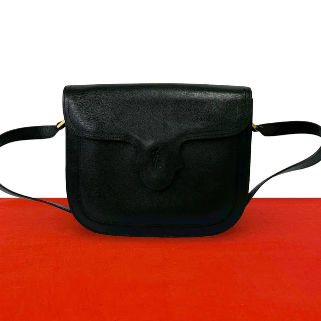 Saint Laurent Vintage Logo Leather Shoulder Bag Semi Black in Black Leather from The Reluxe