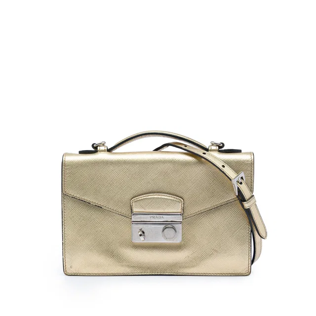 Gold Prada Saffiano Sound Lock Satchel in Gold Saffiano leather from Designer Revival