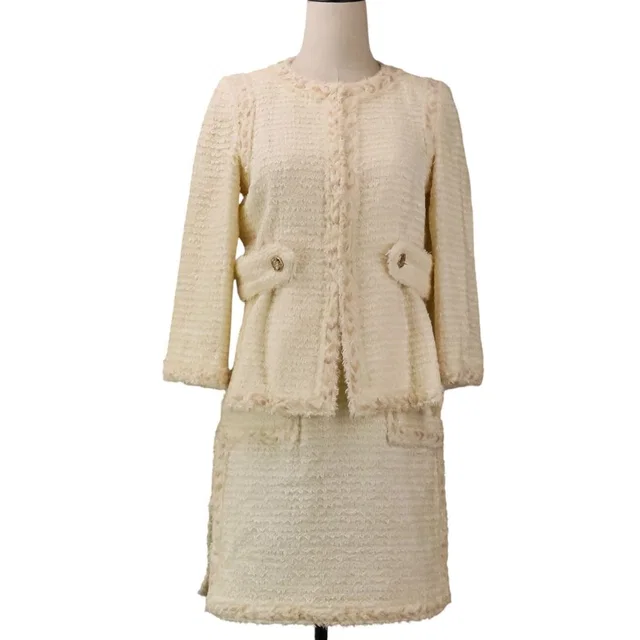 Chanel 10P Tweed Jacket Skirt Set 36 Beige in Beige Tweed from The Reluxe