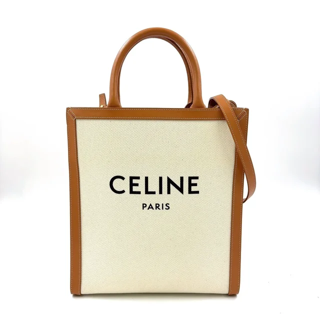 Celine Vertical Cabas 2-Way Shoulder Bag Leather Canvas Brown Beige Tote Gold in Brown Canvas from The Reluxe