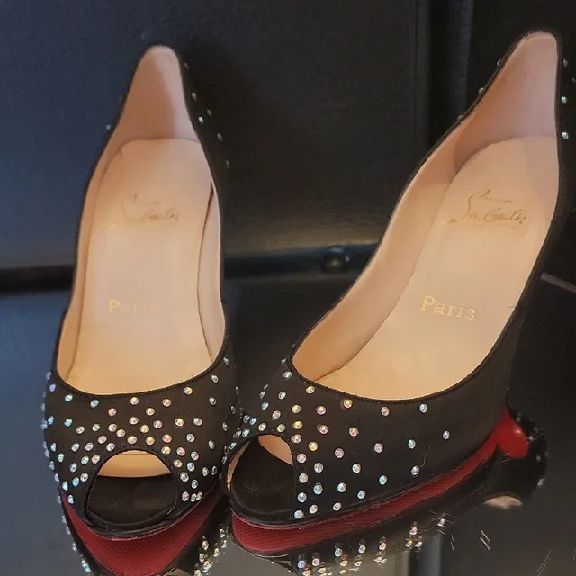 Christian Louboutin Black Satin And Rinstone, Peep-Toe Heels. 3in Heel Sz38 in black|red Satin from Poshmark