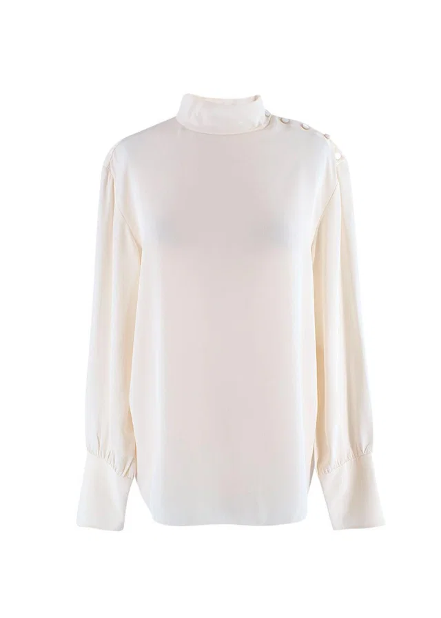 Chloé High Neck Shoulder Button Cream Silk Blouse in White Silk from HEWI