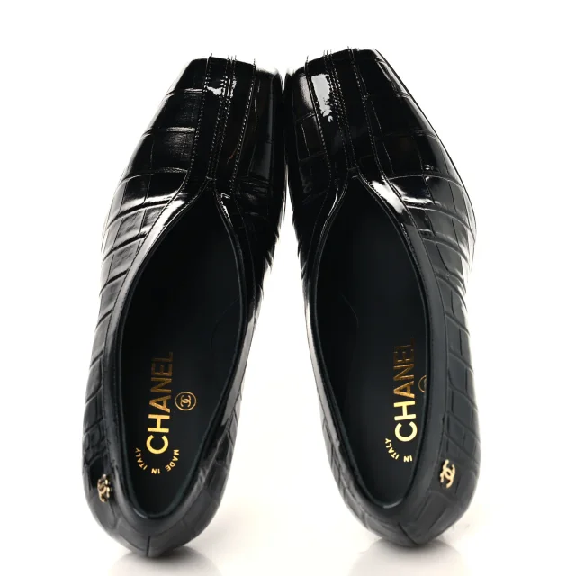 Chanel Crocodile Embossed Patent Calfskin Pumps 38.5 Black in Black Calfskin from FASHIONPHILE, photo 2 of 10