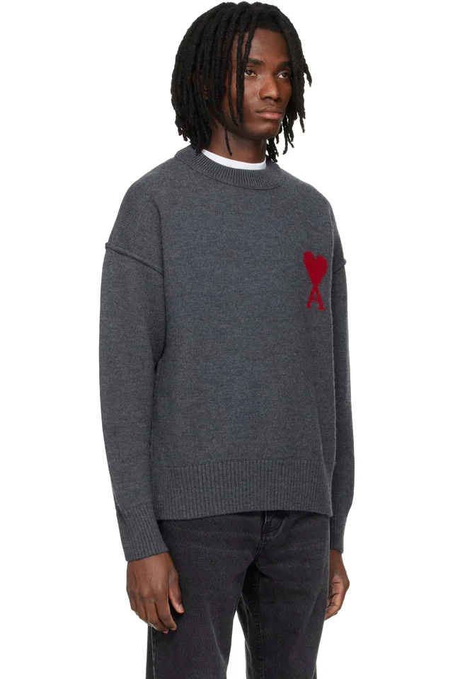 AMI Paris Gray Wool Contrasted Ami de Coeur Crewneck Sweater, photo 2 of 4 from SSENSE