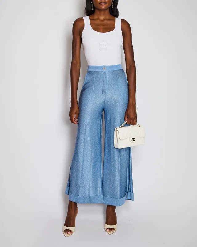 Chanel Light Blue Shimmery Wide-Leg Trousers with Silver Crystal Embellished Logo Buttons Size FR 36… in Blue from Sellier