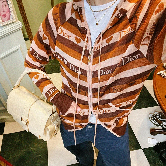 Dior Logo Border Pattern Knitted Hoodie #40 Brown/Beige in Brown Silk from VINTAGE QOO TOKYO