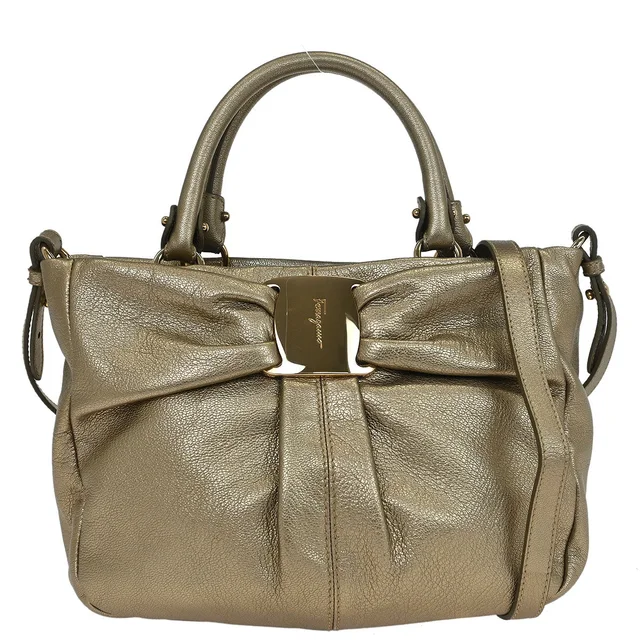 Ferragamo Gold Vara 2way Shoulder Handbag in Gold Wool from AMORE Vintage Tokyo