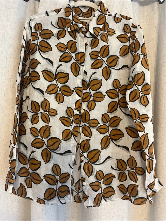 Etro Cream Button-Up Shirt With Brown Leaf Print in brown|red Woven leather from Poshmark