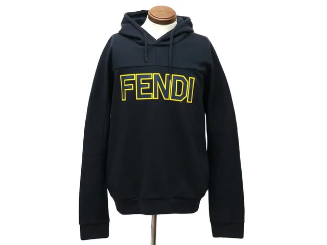 Fendi Navy Blue x Yellow FF Logo Hoodie Sweatshirt Hooded in Navy from Bagriculture