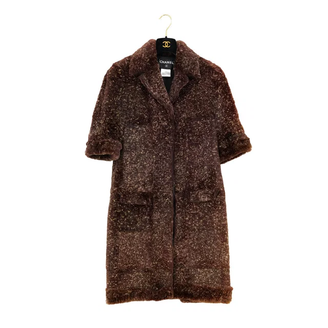 Chanel Rabbit Fur Logo Button Short Sleeve Coat Brown Lapin 40 05A Rtw in Brown from Luxury Promise