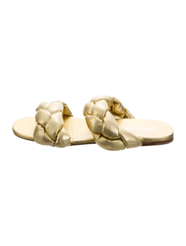 Miu Miu Leather Braided Accents Slides in yellow Leather from The RealReal