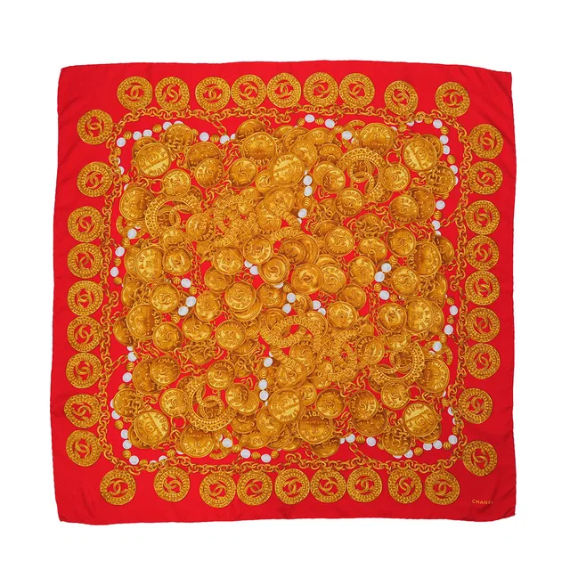 Chanel Vintage Cocomark Chain Pattern Scarf Red Silk in Red Silk from Luxury Promise