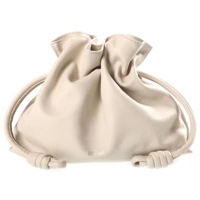 Loewe Flamenco Medium Drawstring Leather 2-Way Bag Silver Ivory in White Leather from The Reluxe