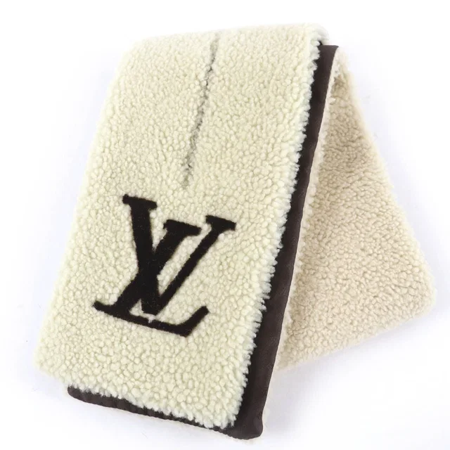 LV Logo Shearling Fur Tippet Shawl Scarf Ivory in White Silk from The Reluxe