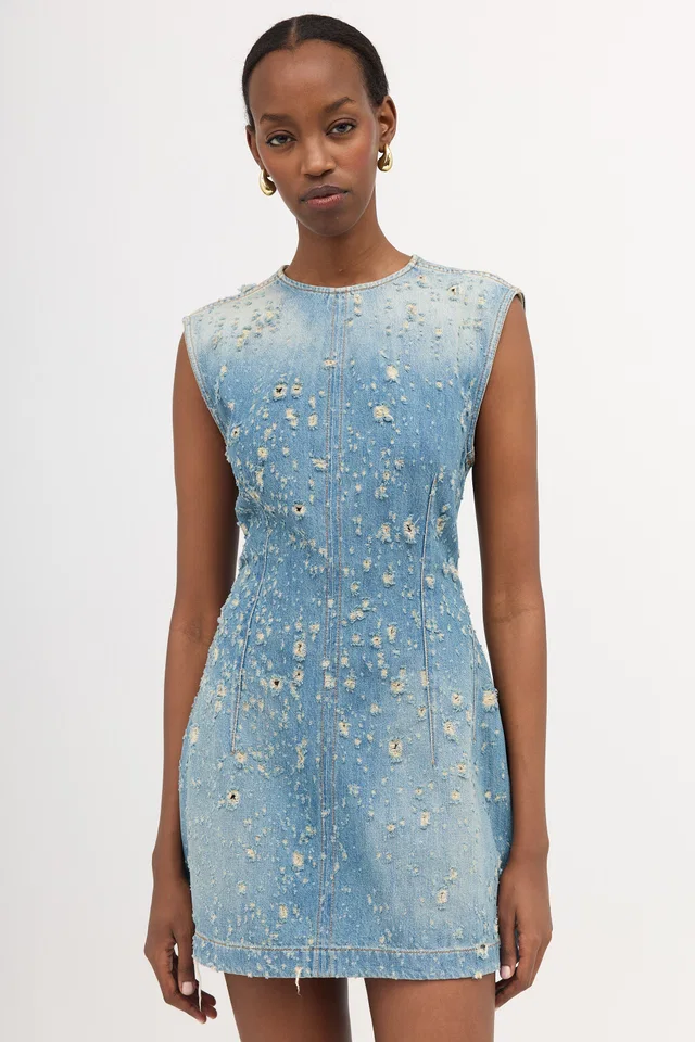 Acne Studios Distressed Denim Mini Dress in Denim from VSP Consignment