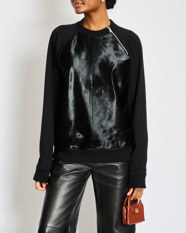 Hermès Menswear Black Knit Jumper with Calfskin Panel and Zip Detail Size L (UK 42) in Black Calfskin from Sellier