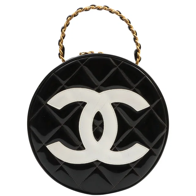 Chanel 1995 Patent Round CC Mark Vanity Bag Black/White in Black Patent leather from VINTAGE QOO TOKYO