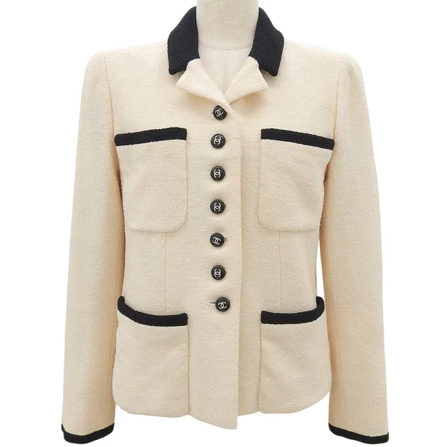 Chanel 1996 Wool Bi-color CC Mark Button Jacket #38 Ivory/Black in Black Wool from VINTAGE QOO TOKYO