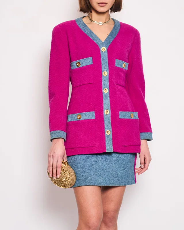 Chanel Fuchsia Pink Tweed Longline Blazer and Mini Skirt Set with Denim Trim & Gold Logo Button… in Pink Tweed from Sellier