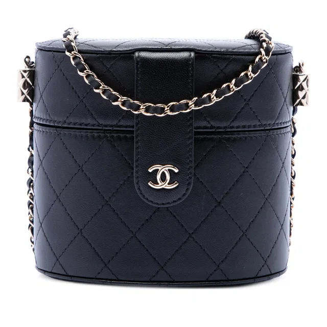 Black Chanel CC Quilted Lambskin Round Vanity Clutch With Chain in Black Lambskin from Designer Revival