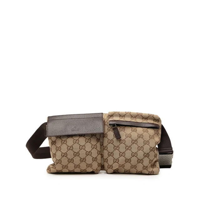 Beige Gucci GG Canvas Double Pocket Belt Bag in Beige Canvas from Designer Revival