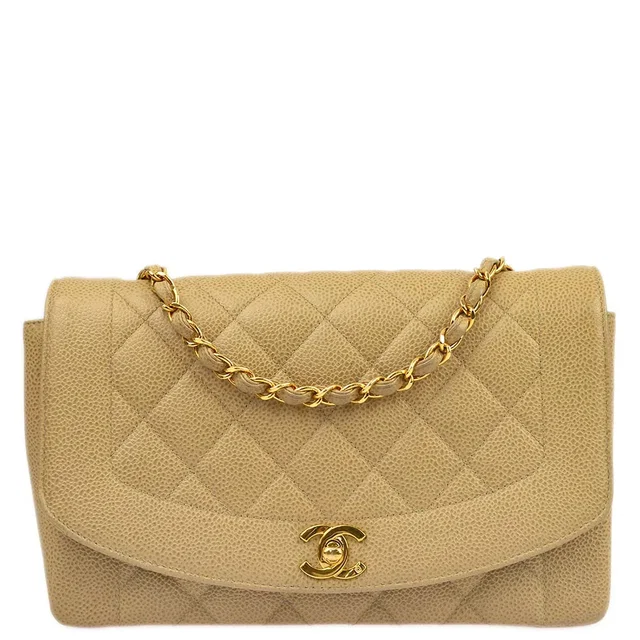 Chanel 1994-1996 Beige Caviar Medium Diana Shoulder Bag in Beige Caviar leather from AMORE Vintage Tokyo