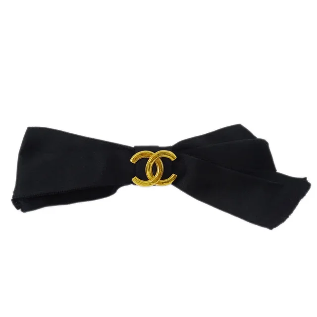 Chanel Bow Hair Barrette Black Satin in Black Satin from AMORE Vintage Tokyo