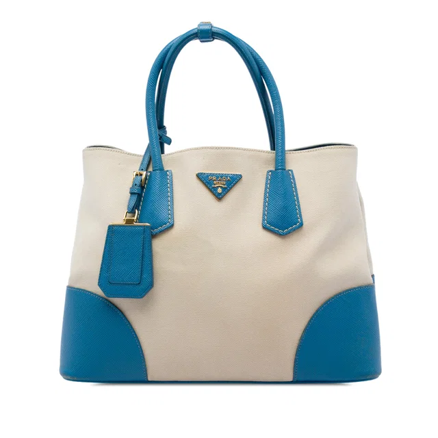 Blue Prada Medium Saffiano Cuir Trimmed Canvas Double Satchel in Blue Saffiano leather from Designer Revival