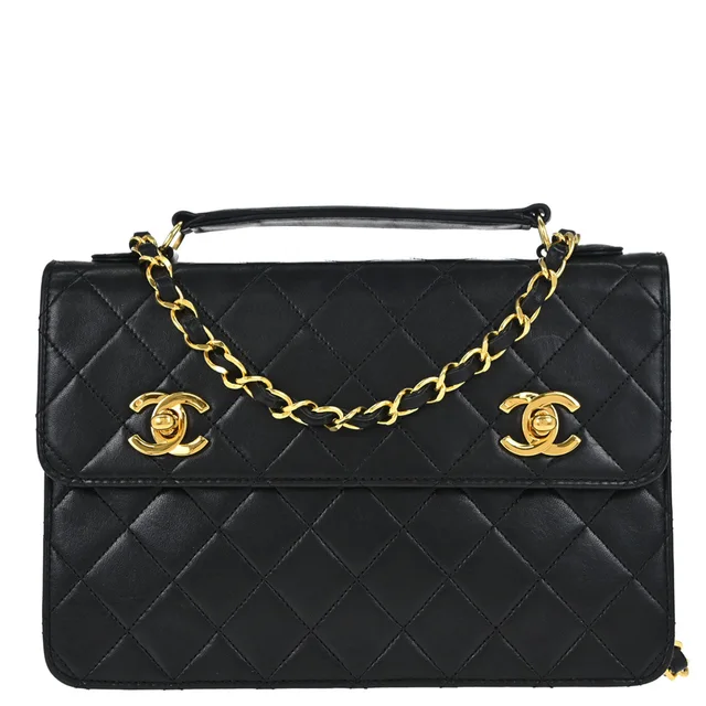 Chanel 1989-1991 Black Lambskin Double Turnlock 2way Shoulder Handbag in Black Lambskin from AMORE Vintage Tokyo