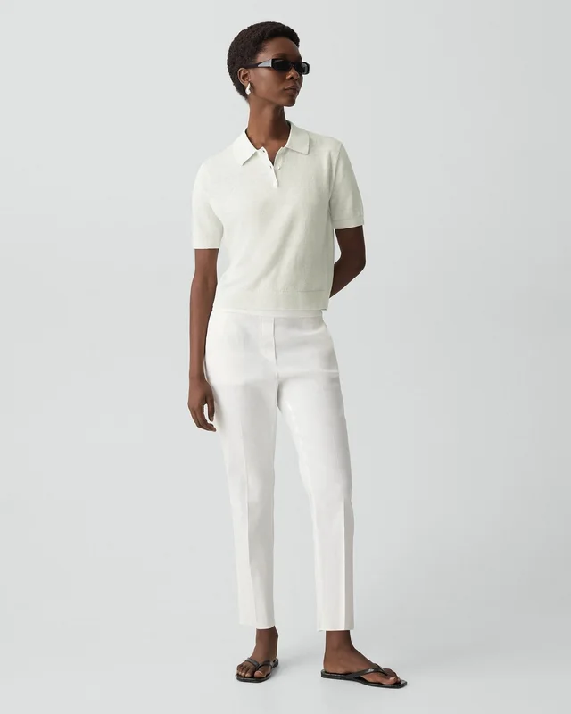 Theory Sheer Polo Shirt in Linen Knit in LIGHT SEA GLASS, photo 5 of 14 from Theory