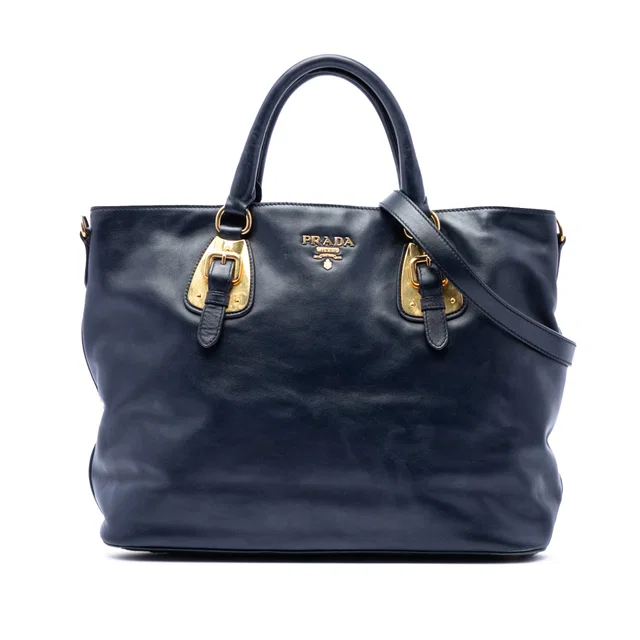 Blue Prada Soft Calfskin Open Convertible Shopping Tote Satchel in Blue Calfskin from Designer Revival