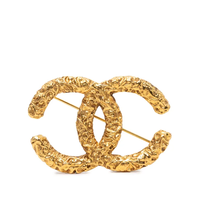 Gold Chanel CC Gold Plated Baroque Embossed Brooch in Gold from Designer Revival