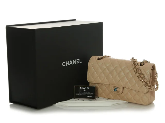 Chanel Medium/Large Iridescent Beige Quilted Caviar Classic Double Flap in Beige Caviar leather from Ann's Fabulous Finds, photo 2 of 10
