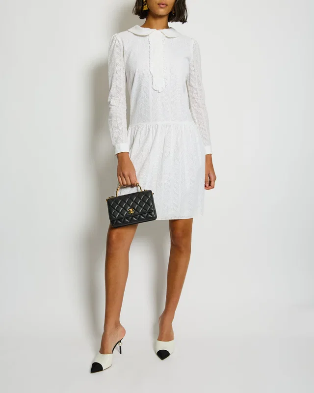 Saint Laurent White Embroidered Long-Sleeve Mini Dress with Collar Detail Size M (UK 10) in White from Sellier