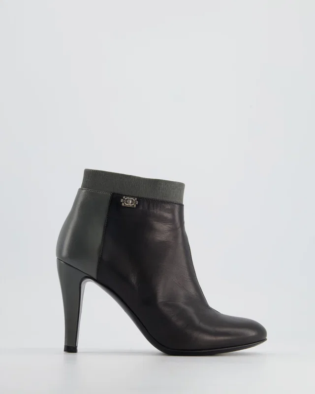 Chanel Black, Grey Leather Heel Ankle Boots with CC Logo Size EU 35.5 in Black Leather from Sellier